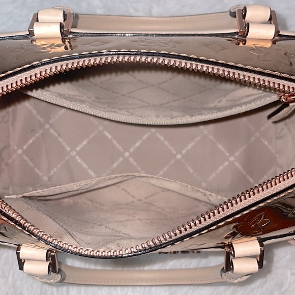 Michael Kors Kara Mirror Metallic Embossed Large Duffle Satchel Bag in Rose Gold - Picture 11 of 14